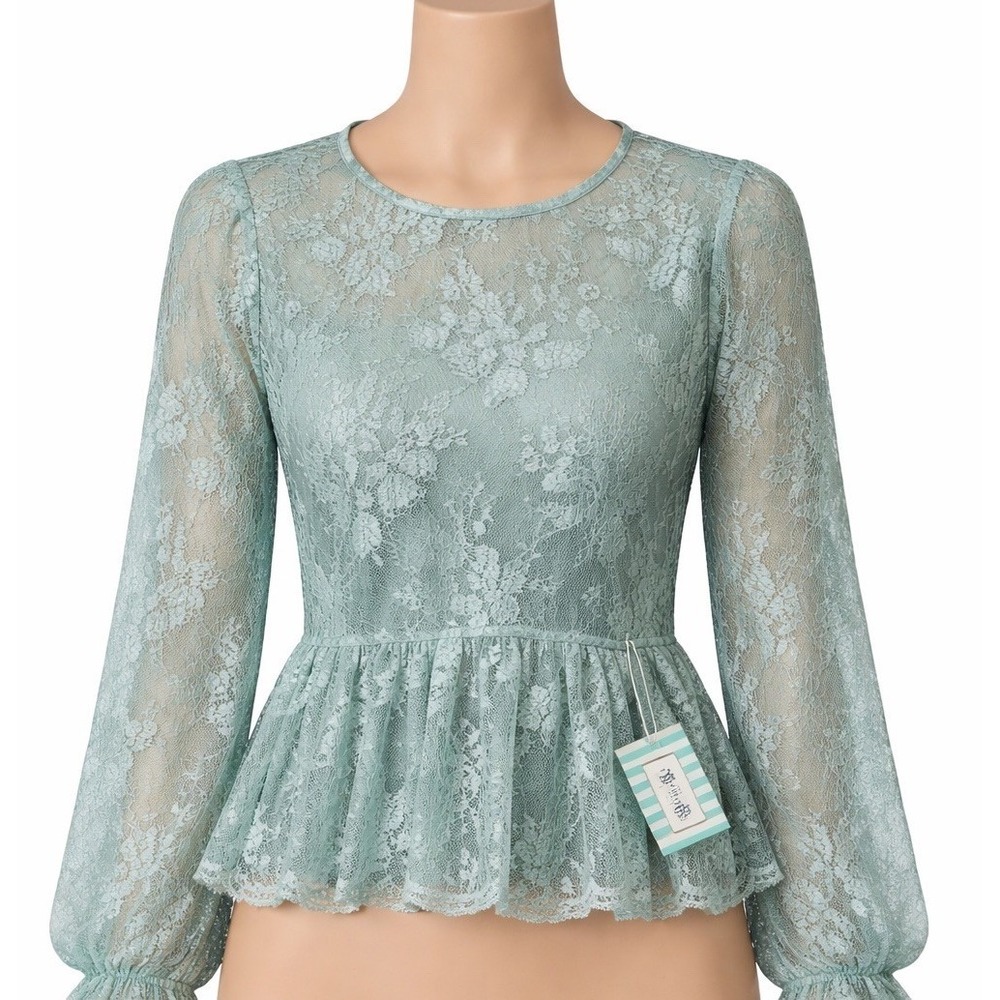 Tulip B Lace Peplum Top Womens M‎ Sage Green Sheer Floral Keyhole Back Boho